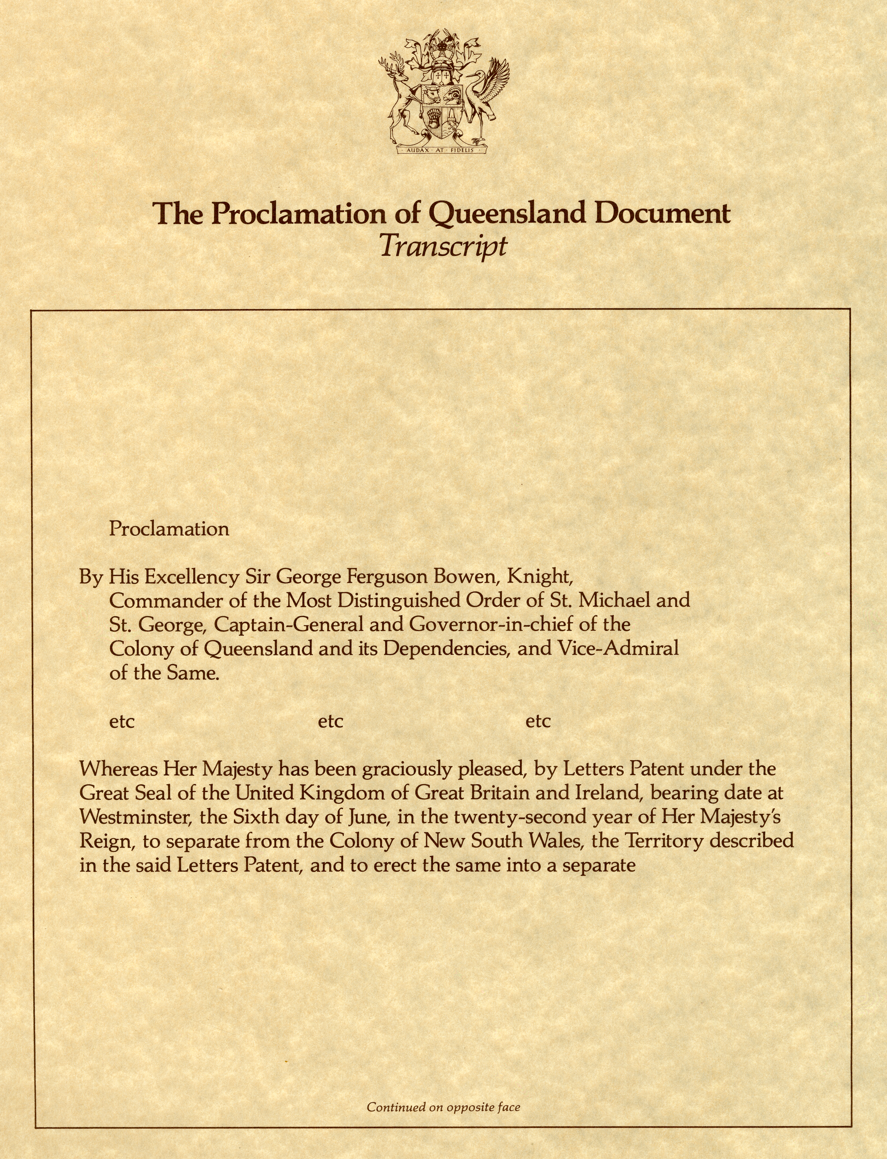 Transcript of the Proclamation of Queensland document page 1