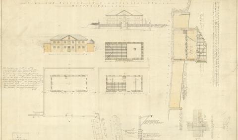Hand drawn plans for the Commissariat Store in Brisbane, showing the front and aerial views