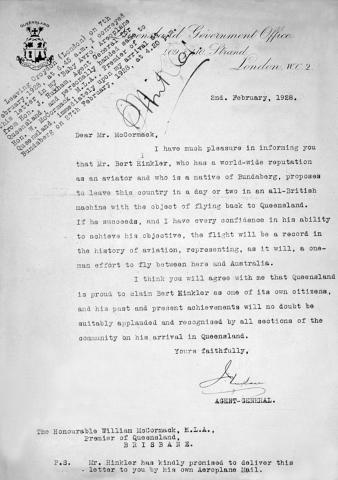 Letter carried by Bert Hinkler on his record-breaking solo flight from England to Australia, 2 February 1928
