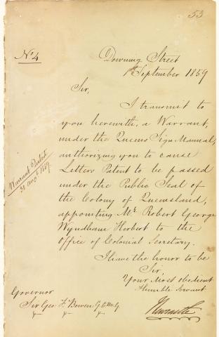 Letter appointing Sir Robert George Wyndham (1859), (Top 150: #5)