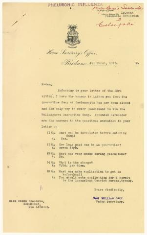 QSA DID 2799: Letter from the Home Secretary’s Office to Miss Besse Seccombe from Konorigan via Lismore, regarding the closure of the quarantine camp in Coolangatta and the procedures for entry to Queensland via the quarantine camp in Wallangarra, dated 4 March 1919