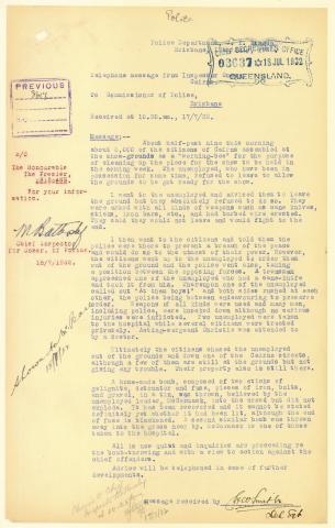 QSA DID 2803: Telephone message from Inspector Coman, Cairns, to the Commissioner of Police, Brisbane, regarding the riot which occurred between unemployed workers, the Police and Cairns citizens at the Cairns showgrounds, dated 17 July 1932