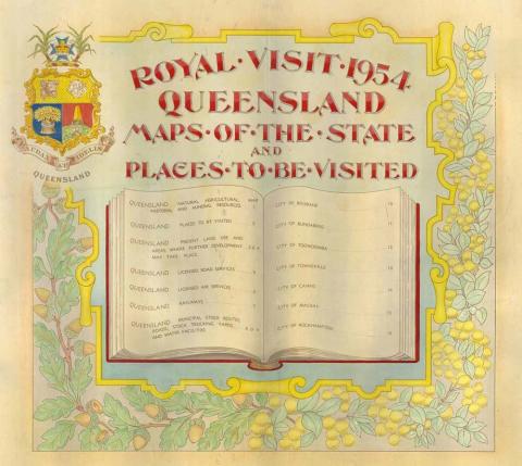 QSA DID 2795: Royal Visit 1954 – Cover of bound volume of "Maps of Queensland and Places To Be Visited", c 1946 to 1954