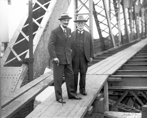 Inspection of the Story Bridge construction by His Excellency, the State Governor Sir Leslie Orme Wilson and Dr John Bradfield
