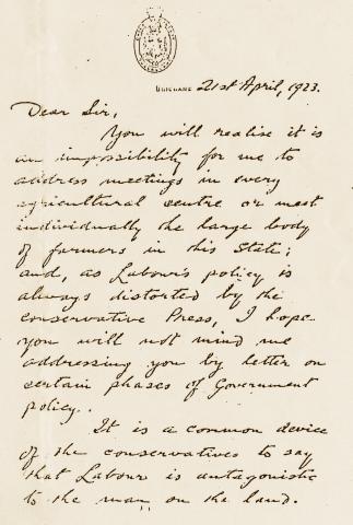Letter from Premier Edward Theodore