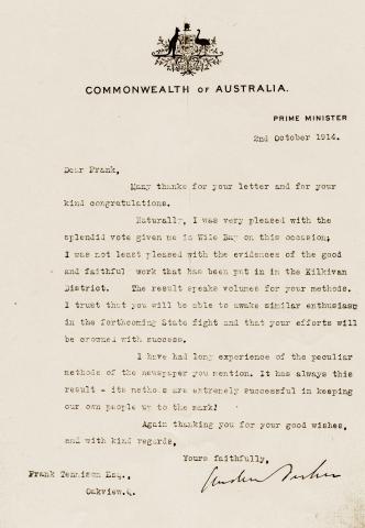 Andrew Fisher letter to Frank Tennison