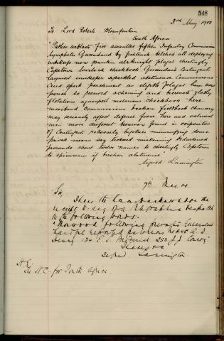 Letter (written in code) from Lord Lamington to Lord Roberts, Bloemfontein, South Africa, regarding Queensland contingents arriving in Capetown for the Boer War