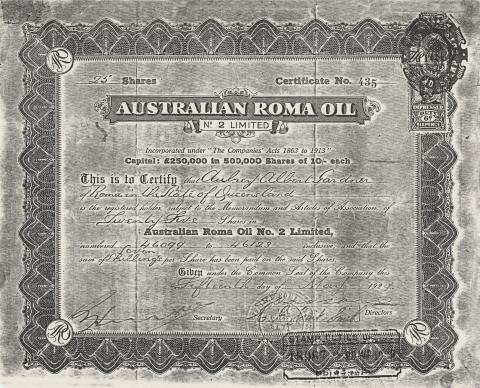 Australian Roma Oil Share Certificate