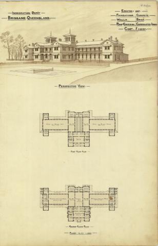 Architectural plans and perspective drawing of the Immigration Depot, Brisbane