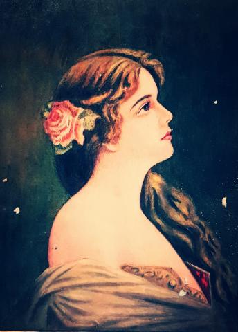 Artwork depicting a young woman's head and shoulders in profile, looking to the right against a dark background.  She has long brown hair swept to one side, and wears a pink rose as a hair ornament.  She appears to be wearing a bare-shouldered dress..