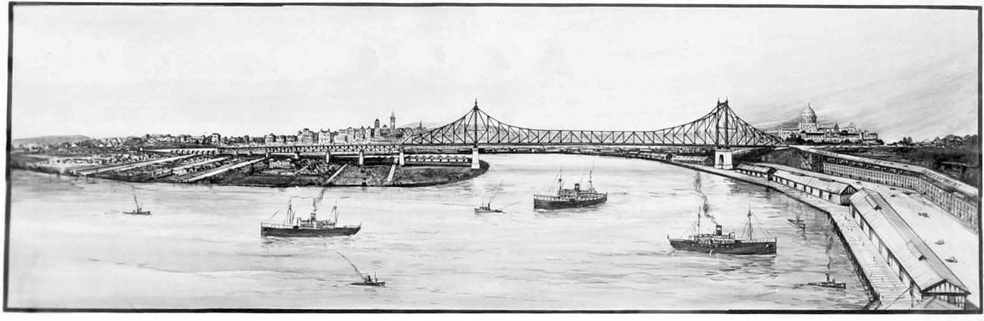 Drawing of the Brisbane River with ships and the Story Bridge
