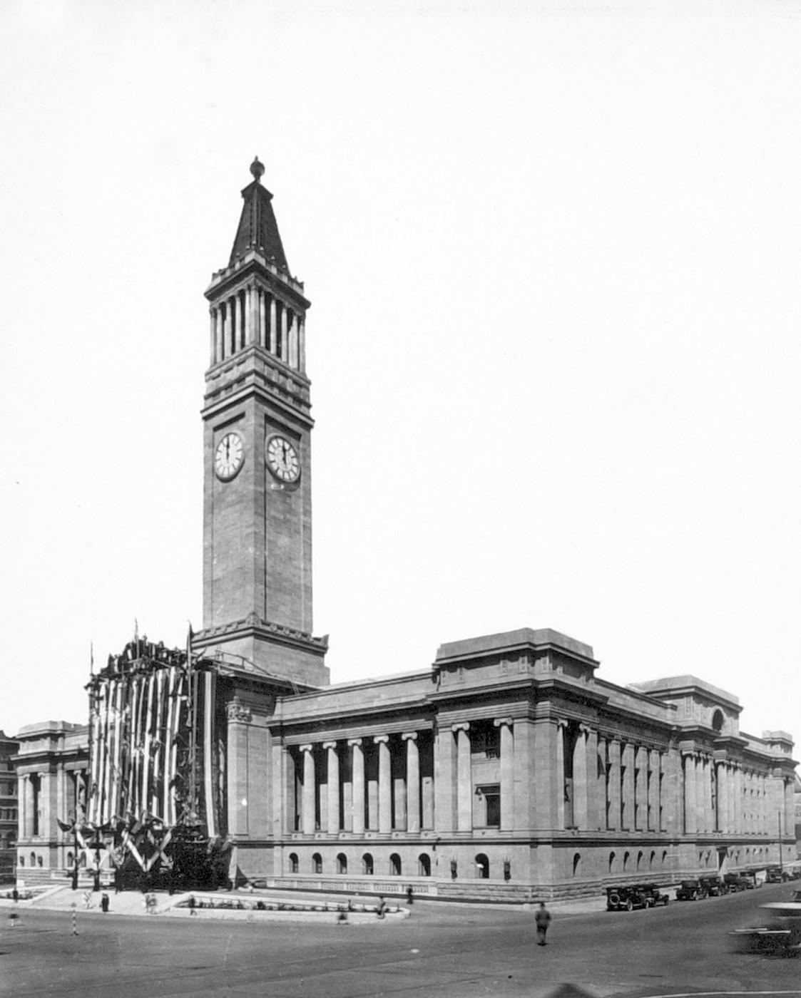 Brisbane City Hall, showing the full length of the tall clock tower