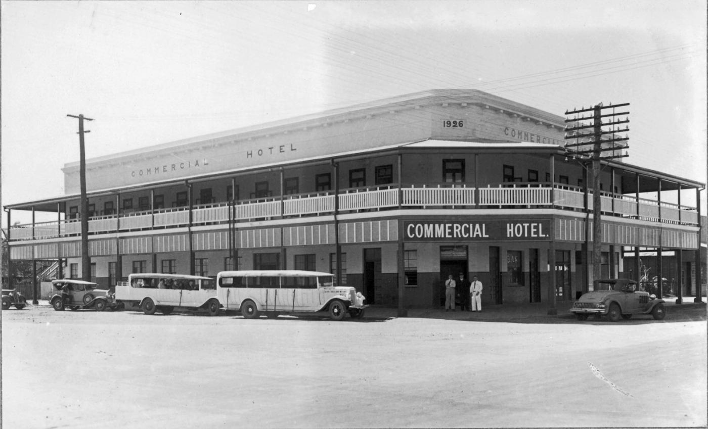 1950s view of the Cairns hotel seen from across the road and showing several cars parked out the front