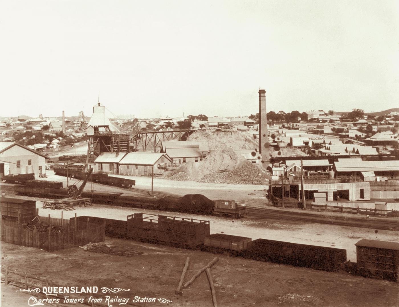 Sweeping view over the 19th century layout of Charters Towers, showing the rooftops of the town's houses