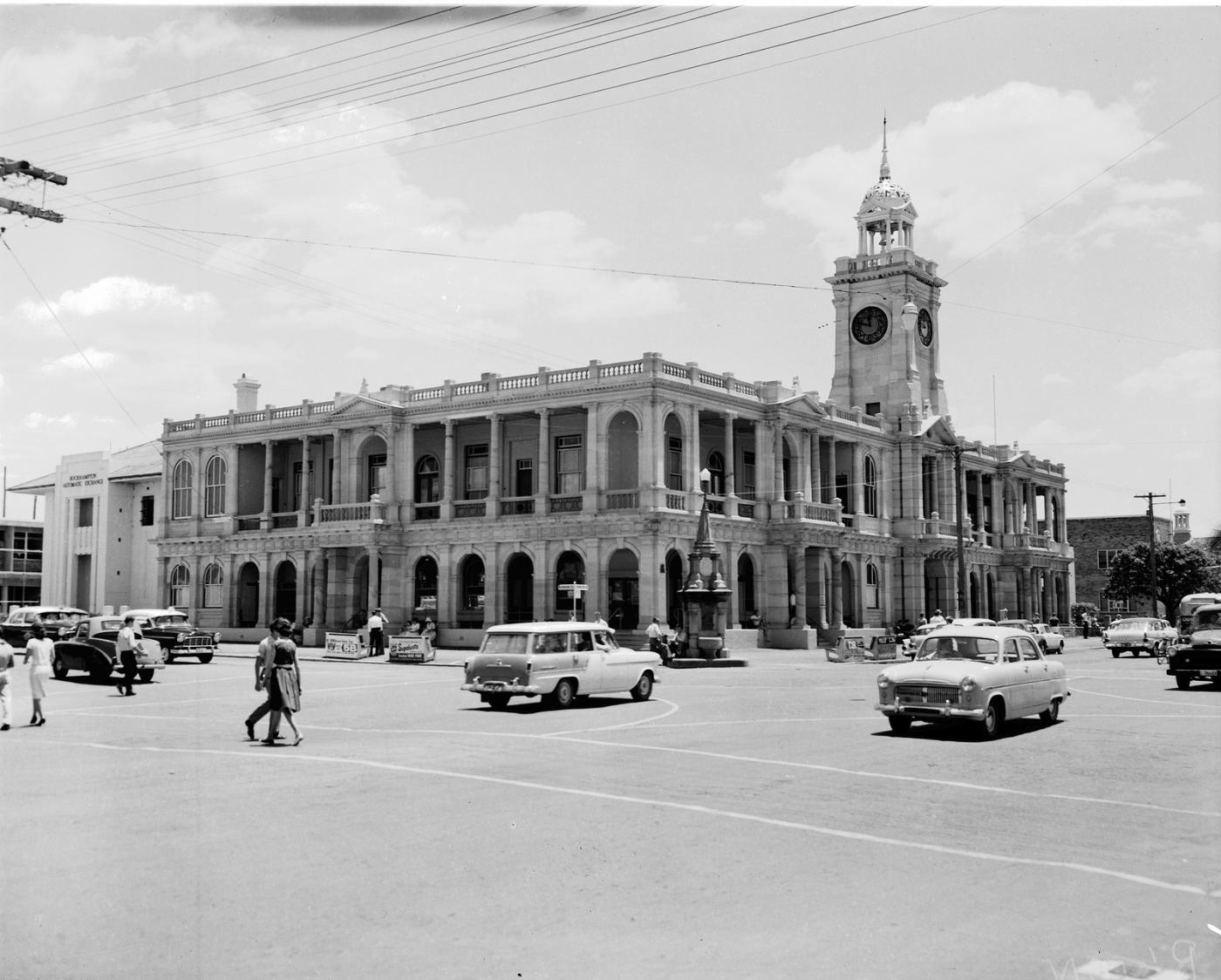 External view of the Rockhampton post office, a grand Victorian building with clock tower and stone walls