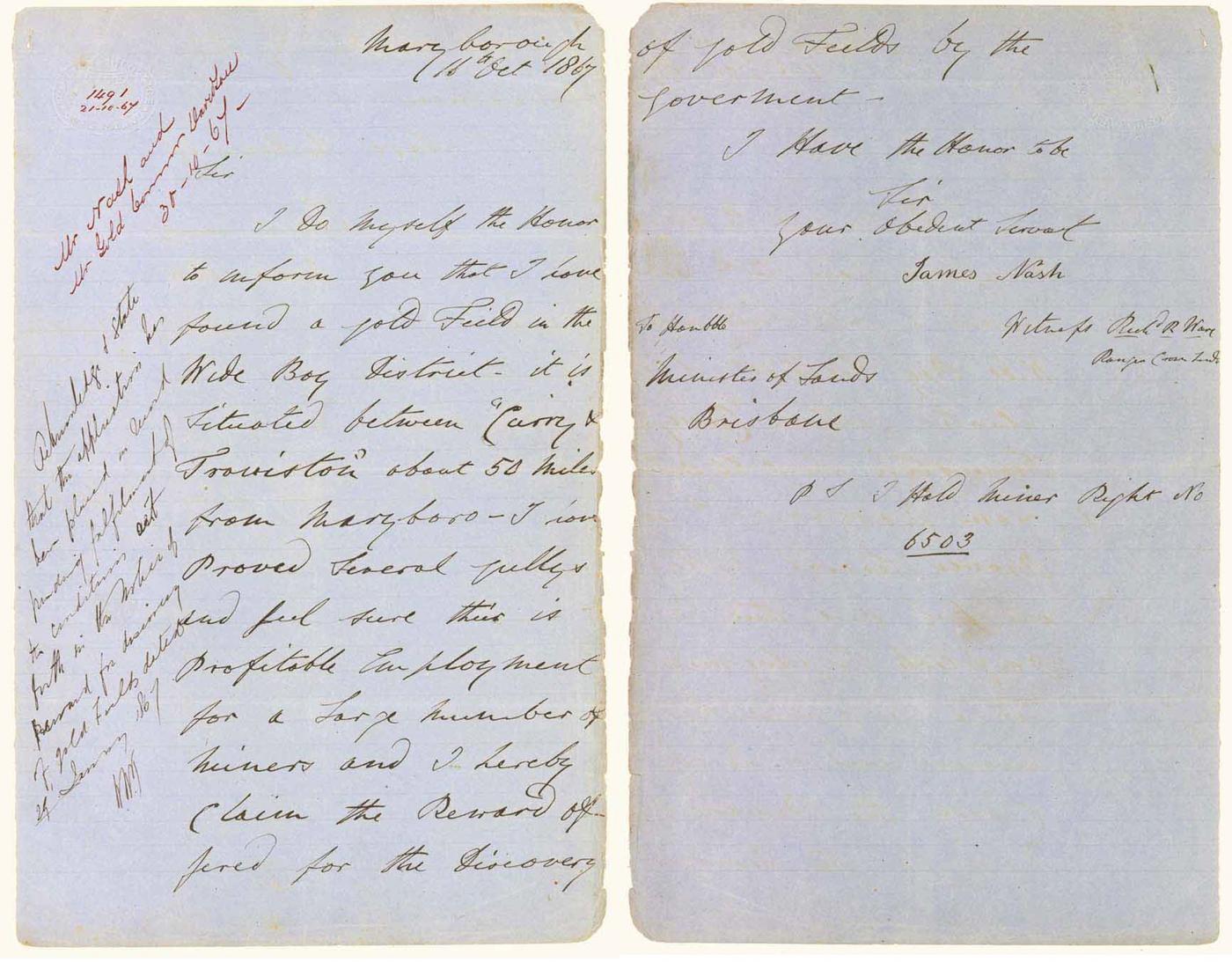 James Nash's letter regarding gold at Gympie, 1867