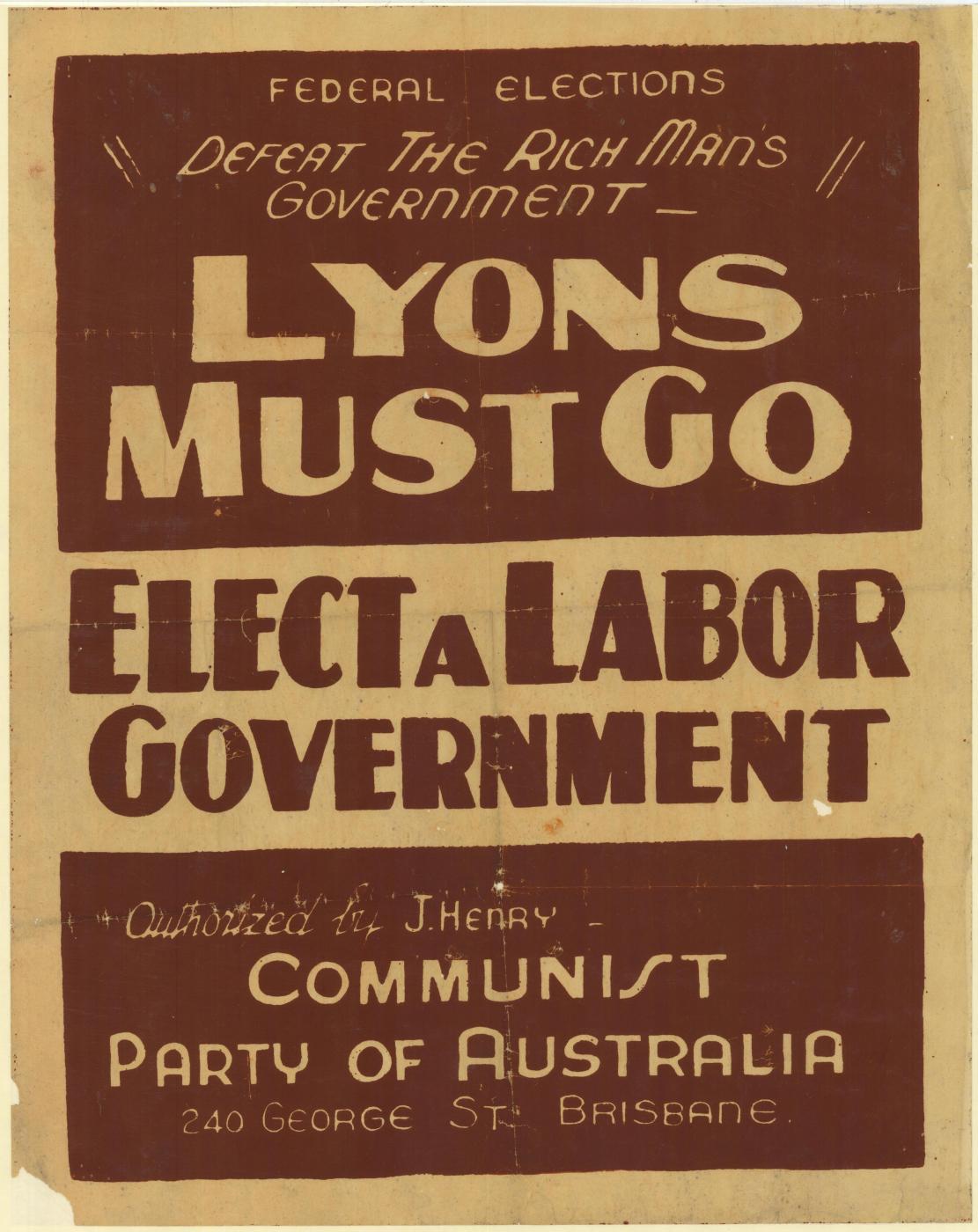 Electoral Poster, Communist Party of Australia, 1937