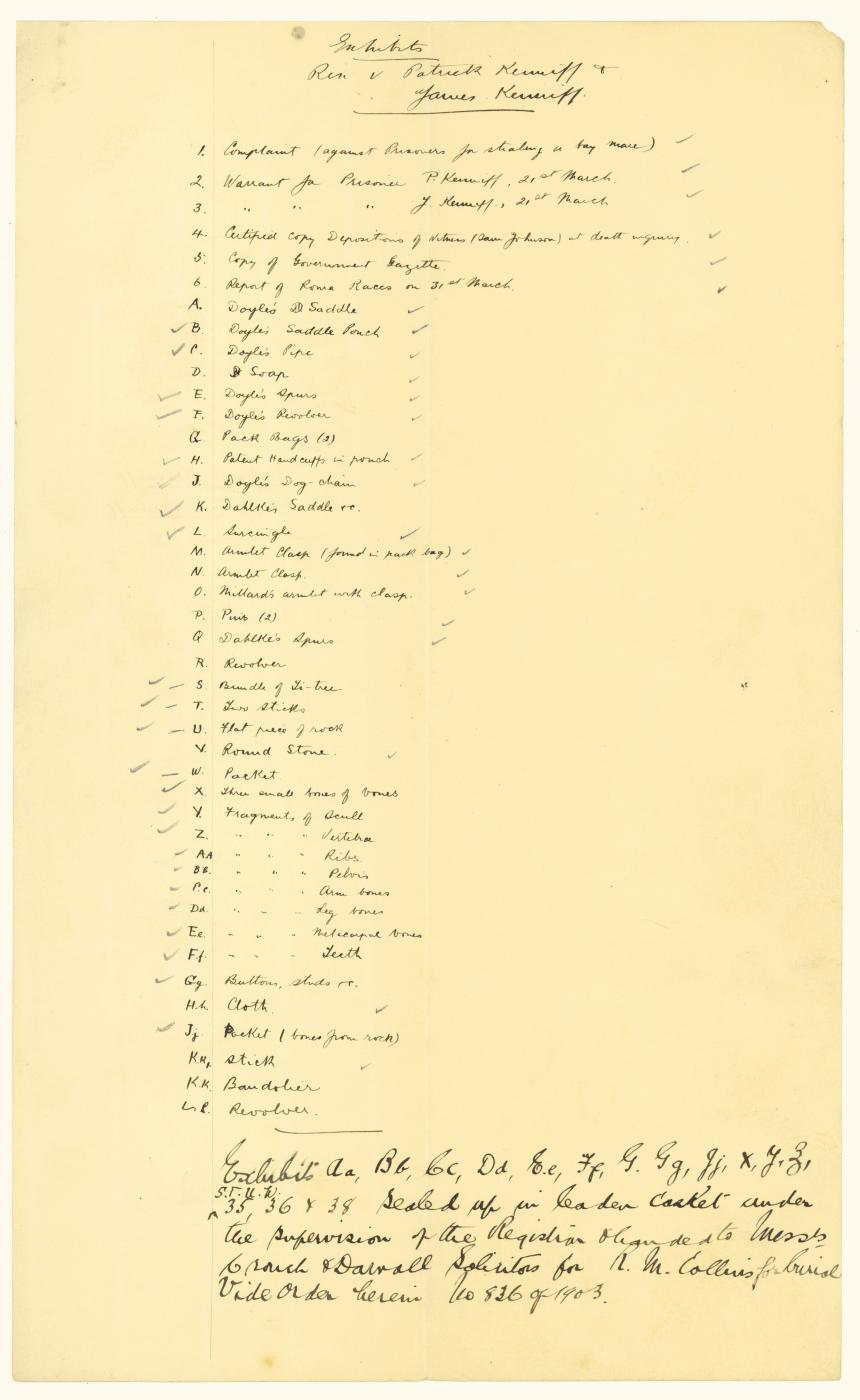 QSA DID 2800: List of Exhibits presented in the case Rex vs Patrick and James Kenniff, 1902