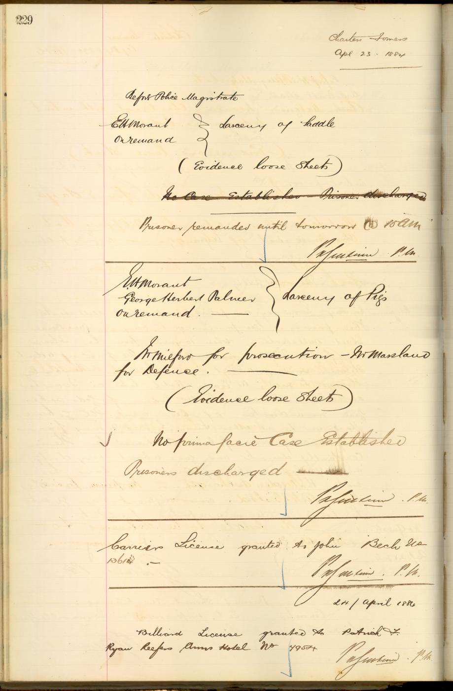 QSA DID 2804: EH Morant’s charge sheets for larceny of pigs and a saddle, dated 23 April 1884