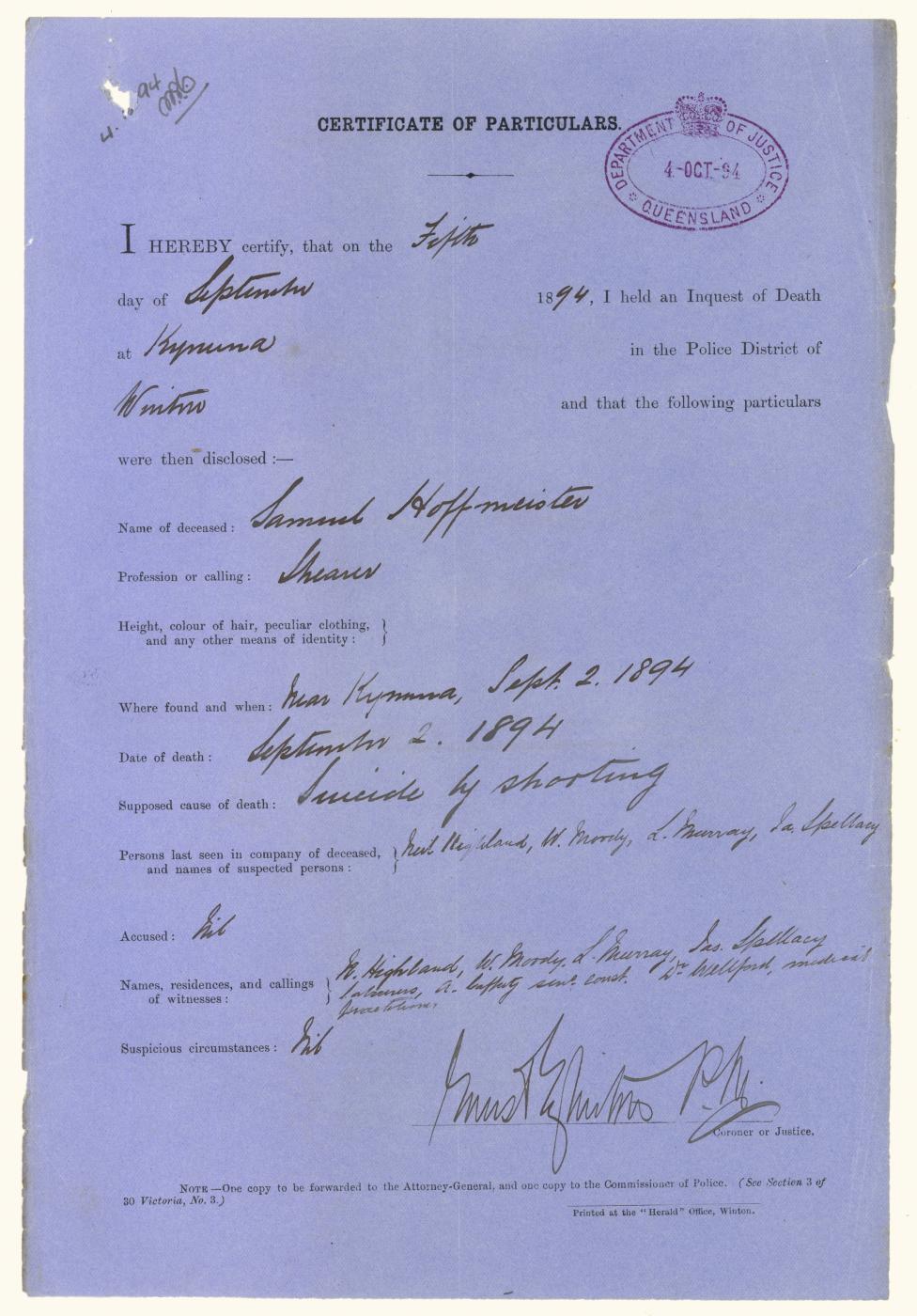 QSA DID 2812: Part of inquest into the death of Samuel Hoffmeister at Dagworth Station on 2 September 1894