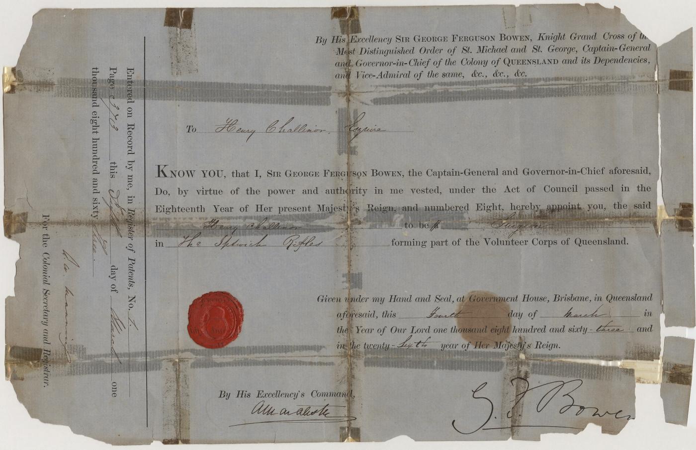Certificate issued to Henry Challinor