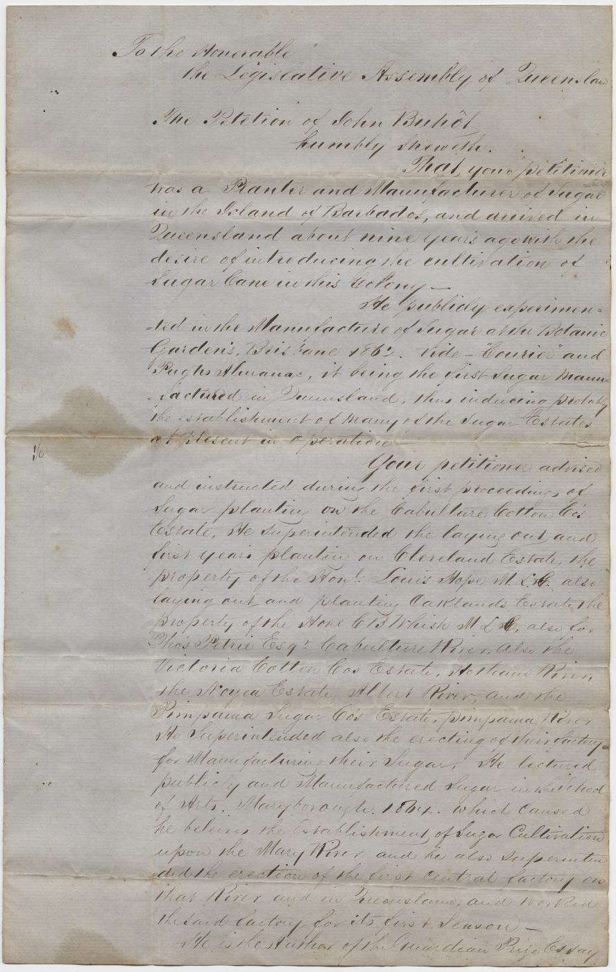 Petition from John Buhot to the Legislative Assembly for a Grant of Land for his services to the sugar industry