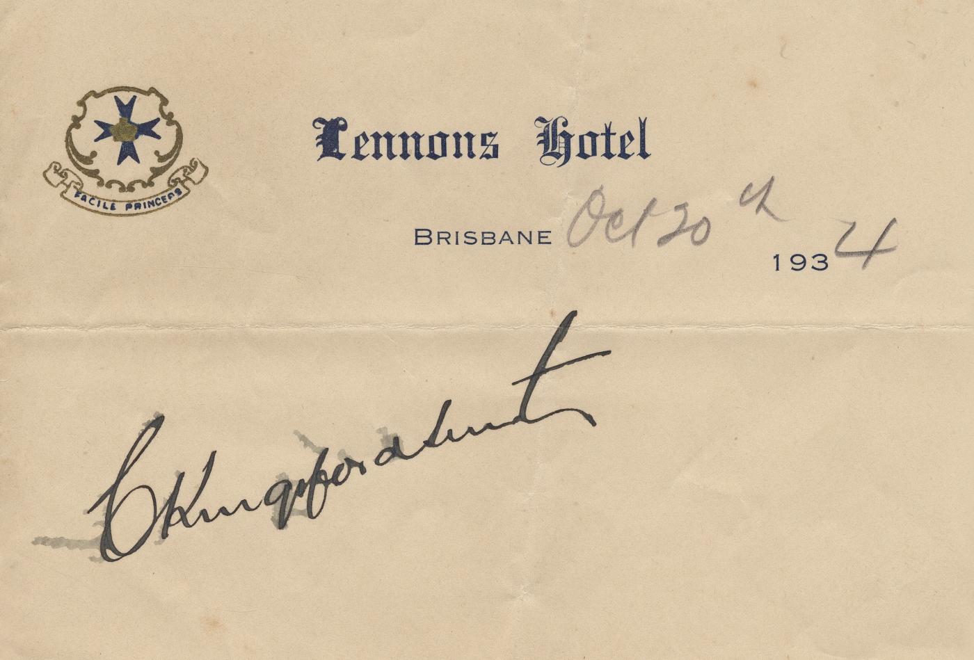 Signature of Charles Kingsford Smith on Lennon's Hotel notepaper
