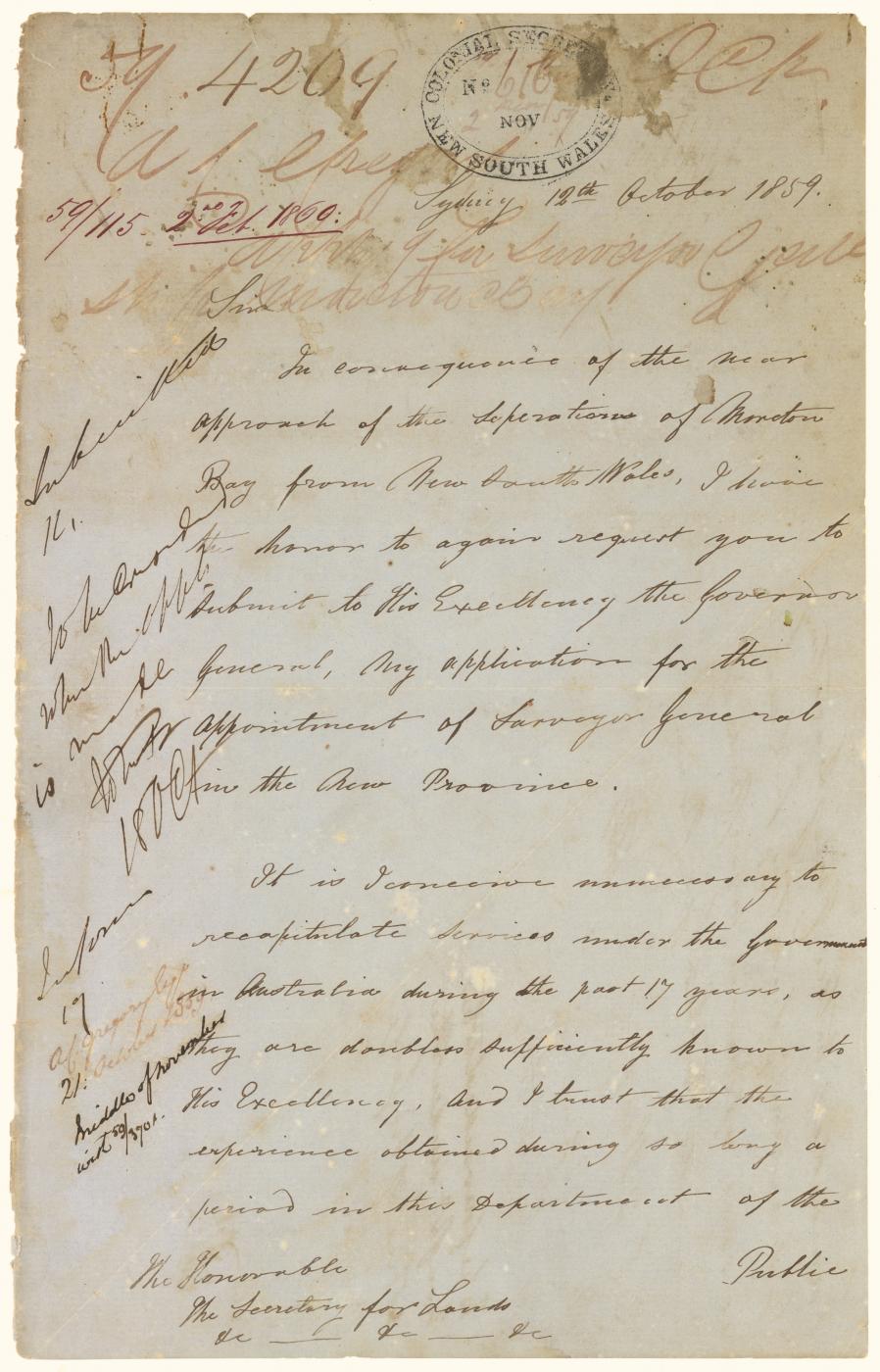 Augustus Gregory’s Application for the position of Queensland’s first Surveyor-General 