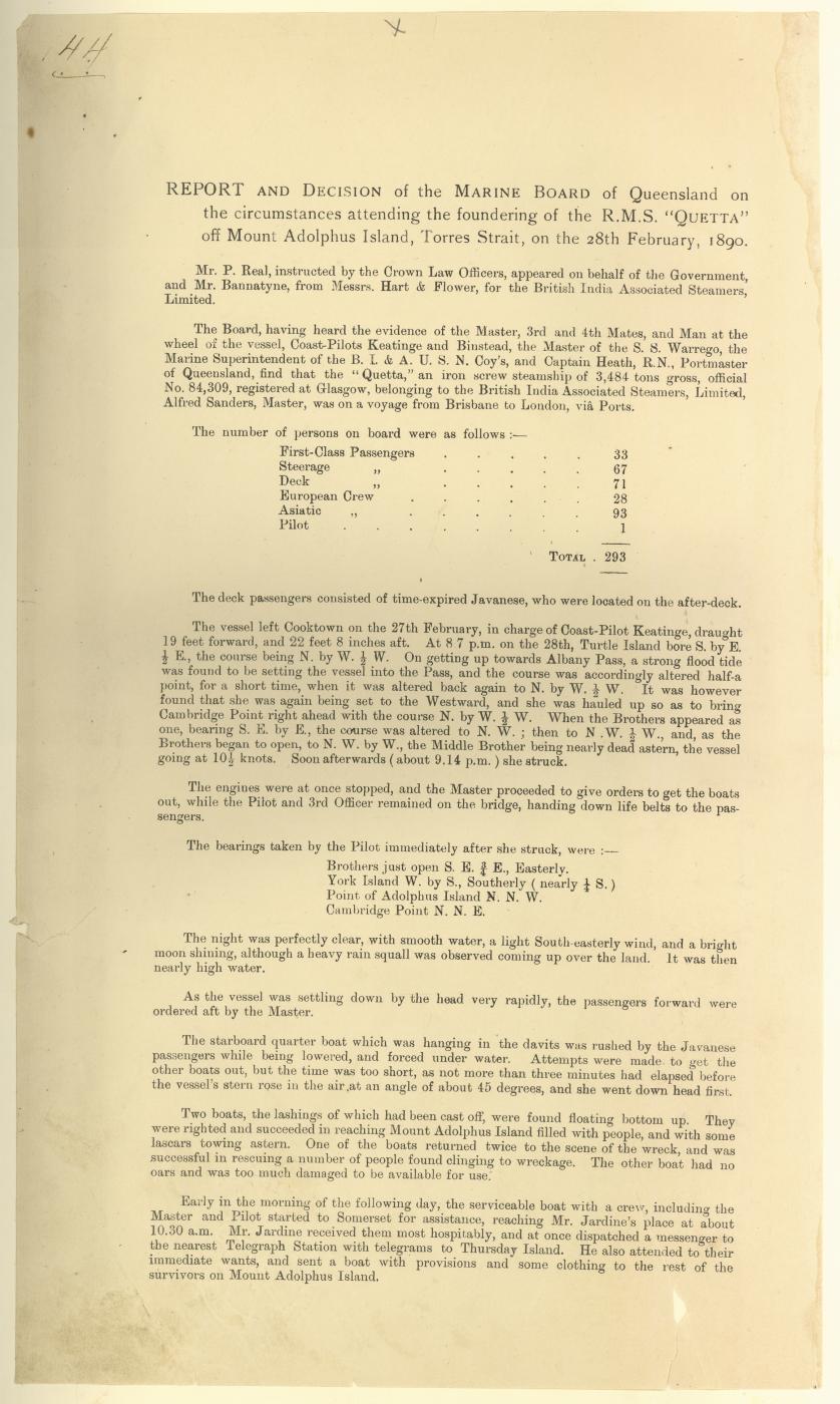 Report and Decision of the Marine Board of Queensland on the circumstances attending the foundering of the RMS “Quetta” off Mount Adolphus Island, Torres Strait, on 28 February, 1890
