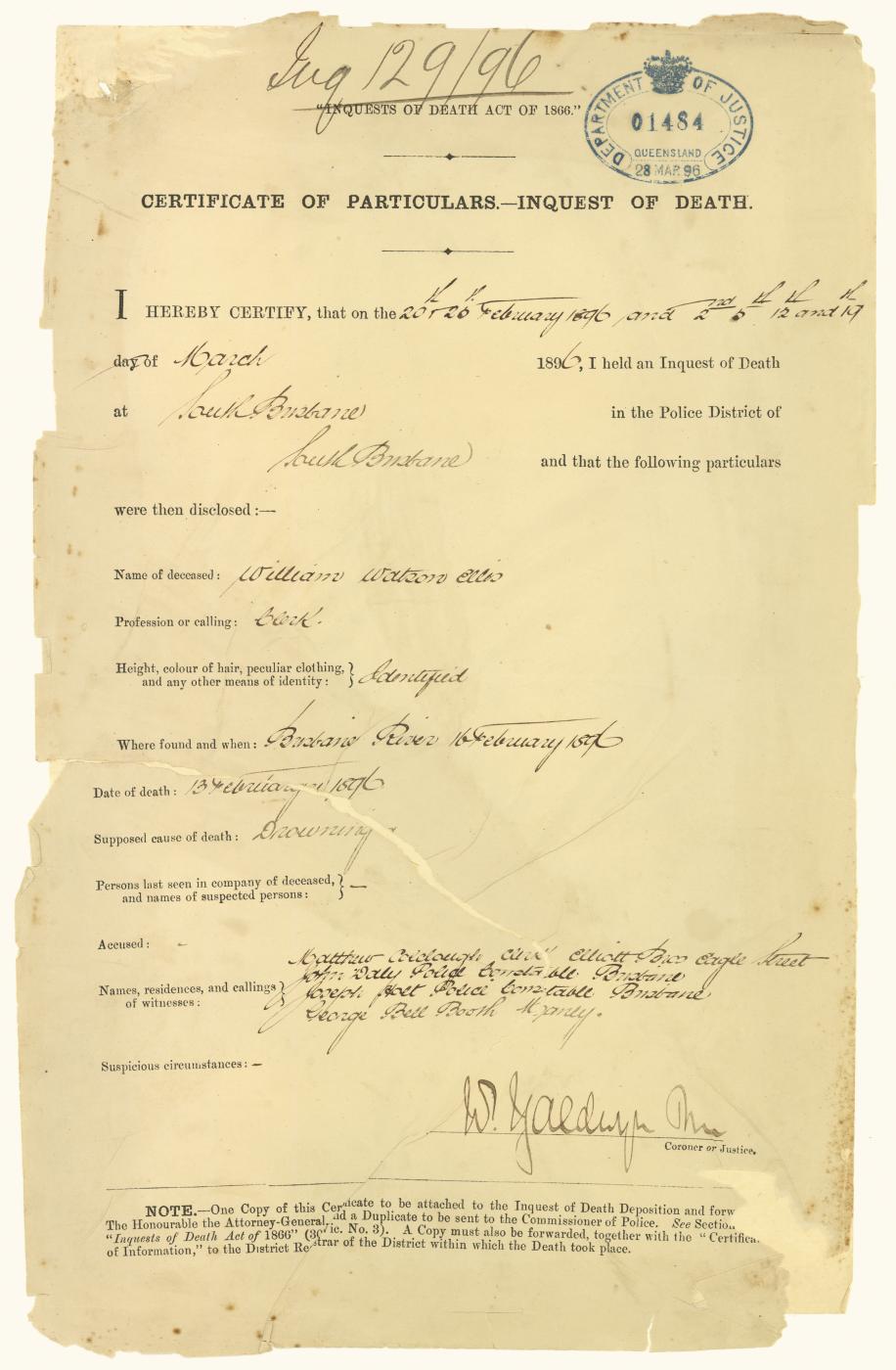 "Certificate of Particulars – Inquest of death" form for William Watson Ellis who died on 13 February 1896 by drowning
