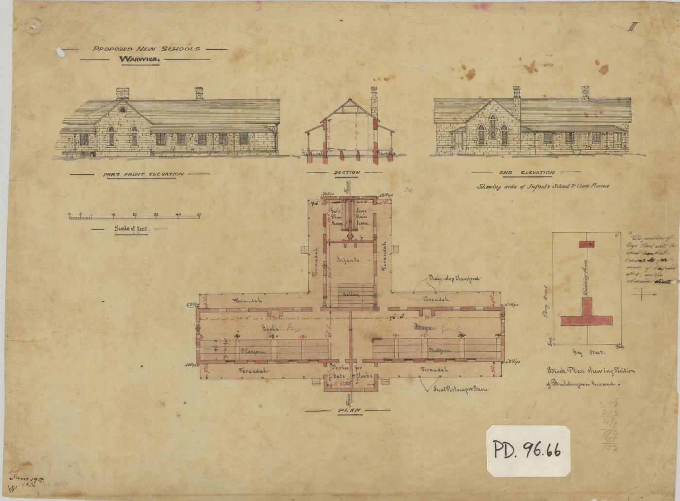 Elevation, section and plan of infants school and classrooms, Warwick