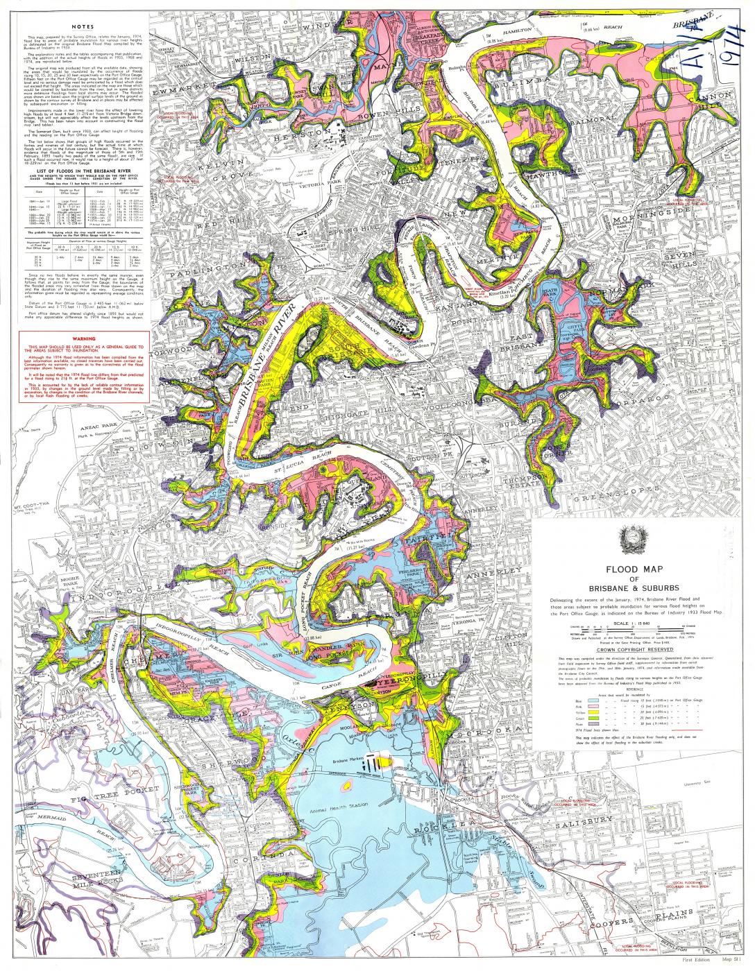 Flood map of Brisbane and suburbs, delineating the extent of the January 1974 Brisbane River flood
