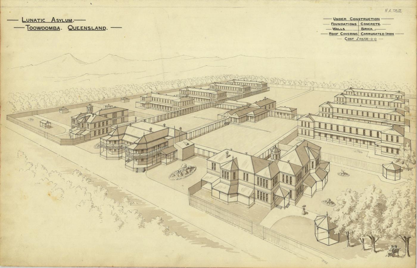 Perspective drawing of the Lunatic Asylum, Toowoomba, 1888, now known as the Baillie Henderson Hospital