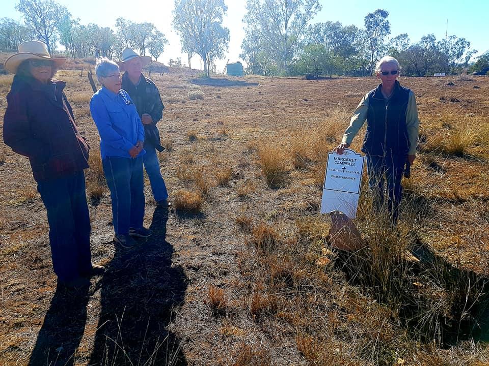 This photograph was taken in August 2019.  It shows descendants of John & Elizabeth Campbell placing a plaque on the grave of Margaret Campbell.  The grave is in a paddock next to the Dumgree homestead. 