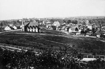View from Wickham Street, Spring Hill, down towards Brisbane centre. In the middle ground is the Ann Street Presbyterian Church.