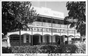 Exterior view of a grand pub in Cairns from the 1940s