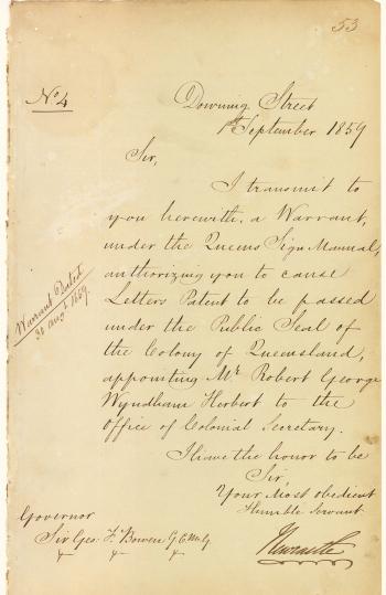 Letter appointing Sir Robert George Wyndham (1859), (Top 150: #5)