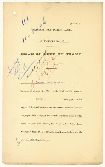 QSA DID 2802: Deed of grant issued to Edmund James Banfield, the lessee of selection no. 271 on Dunk Island in the Land Agent’s District of Ingham, dated 24 January 1906