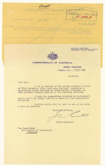 Letter from Prime Minister Curtin to the Premier of Queensland regarding a disturbance which occurred in Creek Street, Brisbane on 26 November between members of the fighting services, dated 7 December 1942