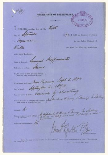 QSA DID 2812: Part of inquest into the death of Samuel Hoffmeister at Dagworth Station on 2 September 1894