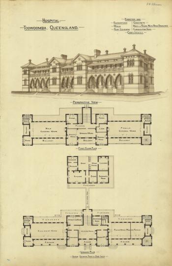 Architectural plans and perspective drawing of the hospital, Toowoomba