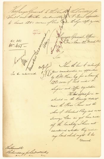 Letter from the Surveyor General to the Secretary for Lands and Works submitting Robert Towns’s application to lease 1280 acres of land under the Sugar and Coffee Regulation, dated 22 March 1865